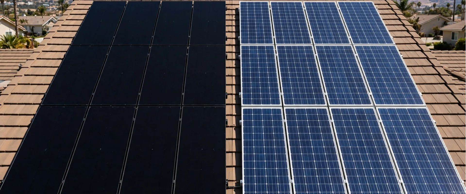 All-black solar panels alongside standard blue panels, showing the visual difference on a residential roof